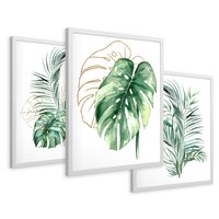 Zestaw obrazy w ramie 50x70 galeria - Liście, monstera, palma, złote, akwarela - rama biała