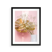 Plakat w ramie 30x40 - Złoty Akcent - złoty liść montery, gipsówka - rama czarna