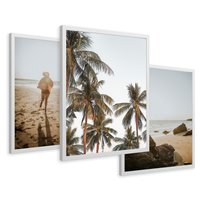 Zestaw obrazy w ramie 30x40 galeria - Plaża, palmy, zachód, słońca, morze - rama biała