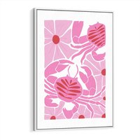 Obraz w ramie 50x70 - Roztańczone Kraby - różowe kwiaty i kraby, abstrakcyjna kompozycja - rama biała