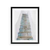 Plakat w ramie 30x40 - Niebieskie Schody Santorini - stare kamienne schody, niebieskie schody - rama czarna