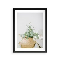 Plakat w ramie 50x70 - Eukaliptusowa Świeżość - eukaliptus, liście w koszu z wikliny - rama czarna