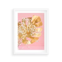 Plakat w ramie 50x70 - : Elegancja w Złocie - złote, liście - rama biała