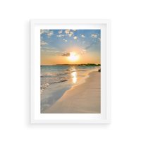 Plakat w ramie 30x40 - Zachód słońca na plaży - plaża, zachód - rama biała