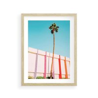 Plakat w ramie 40x50 - Tropikalny Kontrast - palma na tle błękitnego nieba, kolorowy mur - rama drewno
