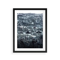 Plakat w ramie 40x50 - Domki w Chmurach - górski zimowy krajobraz, dommki na wzgórzach - rama czarna