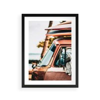 Plakat w ramie 50x70 - Surfingowa Wolność - samochód, stary van - rama czarna