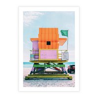 Plakat bez ramy 21x30 - Plaża Miami w Słoneczny Dzień - domek ratownika, kolorowy