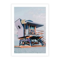 Plakat bez ramy 21x30 - Plażowa Kolorystyka: Budka Ratownika w Pastelach - pastelowa budka ratownika, plaża Miami
