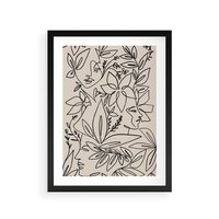 Plakat w ramie 30x40 - Kobiecy Portret Duszy - beżowe tło, czarny szkic nowoczesnych kwiatów - rama czarna