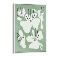 Obraz w ramie 70x100 - Rozkwitające Ukojenie - zgaszona zieleń, kwiaty - rama biała