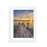 Plakat w ramie 50x70 - Spokojny pomost nad jeziorem - pomost, jezioro - rama biała