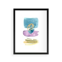 Plakat w ramie 40x50 - Taniec Akwarelowych Kresek - akwarelowe plamy w odcieniach błękitu, złote kreski - rama czarna