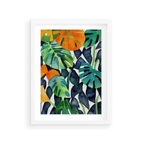 Plakat w ramie 30x40 - Tropikalne Pragnienia - akwarela, liście tropikalne - rama biała