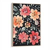 Obraz w ramie 70x100 - Labirynty melancholii - akwarelowe, pastelowe kwiaty na czarnym tle - rama drewno