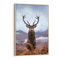 Obraz w ramie 50x70 - Jeleń w Uśpionym Krajobrazie - jeleń na tle gór, ośnieżone góry - rama drewno