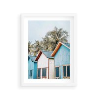 Plakat w ramie 40x50 - Rajskie Wakacje - domki na plaży, błękitne domki - rama biała