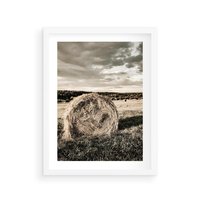 Plakat w ramie 50x70 - Ciepło Natury - snopki siana, pole - rama biała