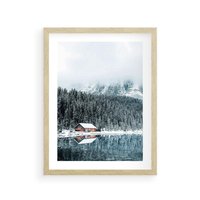 Plakat w ramie 50x70 - Biały Domek - domek w górach, zima - rama drewno