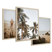 Zestaw obrazy w ramie 30x40 galeria - Plaża, palmy, zachód, słońca, morze - rama drewno