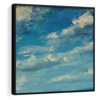 Obraz w ramie 50x50 - Oddechy niebiańskiej materii - olejny obraz, smugi farby przypominają obłoki na błękitnym niebie - rama czarna