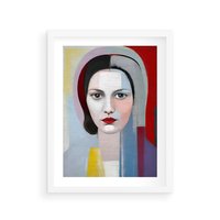 Plakat w ramie 40x50 - Kolorowe Granice Form - abstrakcyjny obraz olejny, portret twarzy kobiety - rama biała