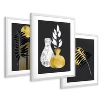 Zestaw obrazy w ramie 50x70 galeria - Złoto, liście, monstery - rama biała