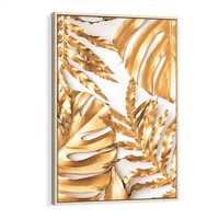 Obraz w ramie 80x120 - Monstera Złote Liście - monstera, złote - rama drewno