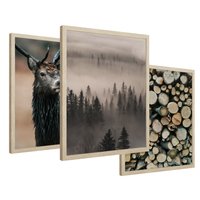Zestaw obrazy w ramie 30x40 galeria - Jeleń, las, drzewa, boho, skandynawski - rama drewno
