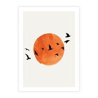 Plakat bez ramy 50x70 - Zachód Słońca i Ptaki - grafika akwarela, czarne ptaki na tle zachodu słońca