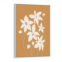 Obraz w ramie 70x100 - Kwiatowy Spektakl - minimalistyczne kwiaty, na pomarańczowym tle - rama biała