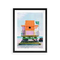Plakat w ramie 50x70 - Plaża Miami w Słoneczny Dzień - domek ratownika, kolorowy - rama czarna