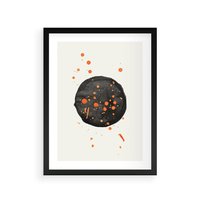 Plakat w ramie 30x40 - Impulsy Kreatywności - abstrakcyjna czarna plama, rozsiane pomarańczowe kropki - rama czarna