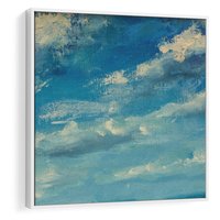 Obraz w ramie 50x50 - Oddechy niebiańskiej materii - olejny obraz, smugi farby przypominają obłoki na błękitnym niebie - rama biała