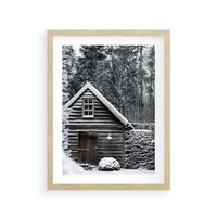 Plakat w ramie 40x50 - Zaklęta Zima - domek w lesie, śnieg - rama drewno