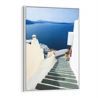 Obraz w ramie 70x100 - Malowniczy urok wyspy - Santorini, schodki - rama biała
