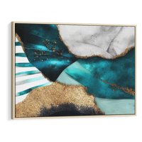 Obraz w ramie 120x80 - Rozlane Turkusy - Turkusowe plamy, złote elementy - rama drewno