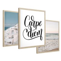 Zestaw obrazy w ramie 40x50 galeria - Carpe, diem, Santorini, plaża, morze - rama drewno