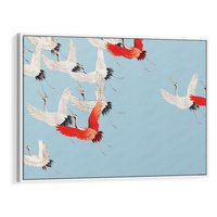 Obraz w ramie 70x50 - Eteryczne Żurawie - lecące żurawie, orientalna sztuka - rama biała