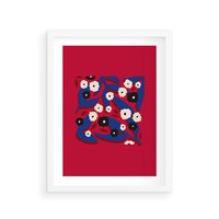 Plakat w ramie 40x50 - Kolorowe Przenikanie - abstrakcyjna kwiatowa kompozycja, czerwone mocne tło - rama biała