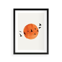 Plakat w ramie 50x70 - Zachód Słońca i Ptaki - grafika akwarela, czarne ptaki na tle zachodu słońca - rama czarna