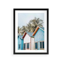 Plakat w ramie 30x40 - Rajskie Wakacje - domki na plaży, błękitne domki - rama czarna