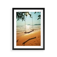 Plakat w ramie 40x50 - Tropikalna plaża i huśtawka - plaża, tropiki - rama czarna