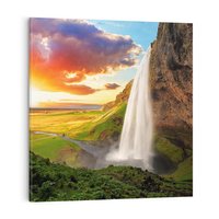 Obraz na płótnie 50x50 - Zachód słońca nad islandzkim wodospadem - Islandia, wodospad