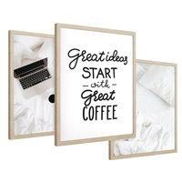Zestaw obrazy w ramie 50x70 galeria - Kawa, praca, laptop, typografia - rama drewno