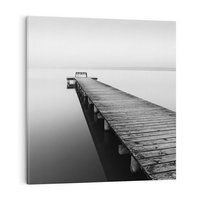 Obraz na płótnie 80x80 - Mglista Perspektywa - czarno biała fotografia, drewniany pomost na jeziorze