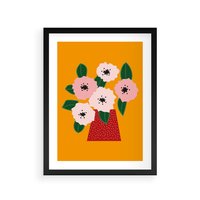 Plakat w ramie 30x40 - Harmonijne Granice - abstrakcyjne kwiaty, żółte tło - rama czarna