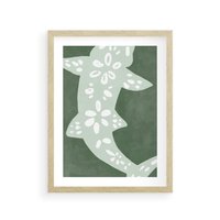 Plakat w ramie 50x70 - Migotliwe Wibracje Zieleni - zielony plakat, abstrakcja przypominająca rybę - rama drewno