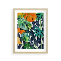 Plakat w ramie 30x40 - Tropikalne Pragnienia - akwarela, liście tropikalne - rama drewno