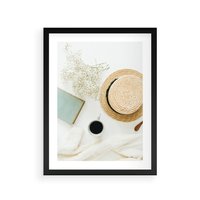 Plakat w ramie 50x70 - Boho Urok - kompozycja boho, slomkowy kapelusz - rama czarna